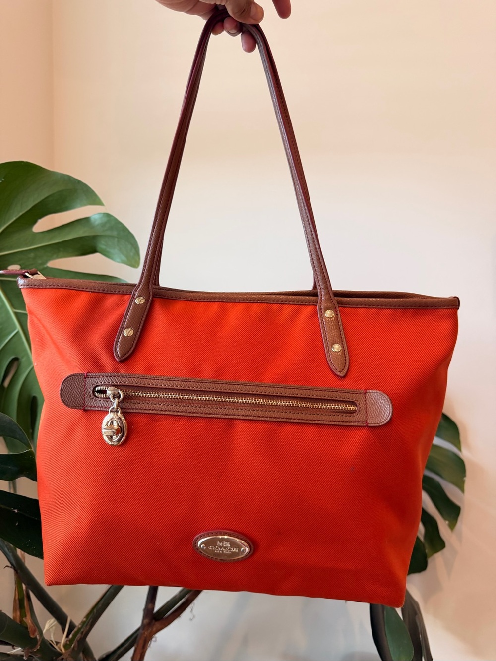 Coach Red-Orange Tote with Brown Leather Trim